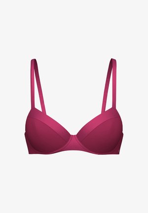 Fuchsia beha met verstelbare satijnen bandjes, gevormde cups en een gladde textuur. Heeft een naadloos ontwerp voor comfort en minimale zichtbaarheid onder kleding.