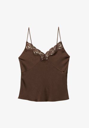 Brown satin camisole featuring a delicate lace trim along the V-neckline, adjustable straps, and a smooth texture.