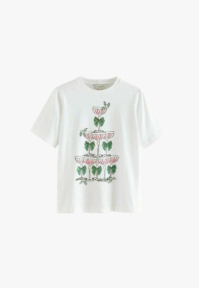 White cotton t-shirt featuring a colorful graphic of stacked champagne glasses with pink and green accents, set against a plain background.