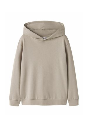 Felpa con cappuccio di colore beige chiaro, realizzata in tessuto morbido. Presenta maniche lunghe, una vestibilità comoda e una tasca a marsupio. Texture liscia.