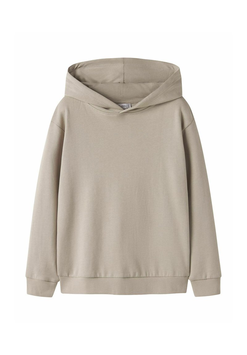 Kapuzensweatshirt in hellem Beige, aus weichem Stoff gefertigt. Verfügt über lange Ärmel, eine legere Passform und eine Kängurutasche. Glatte Textur.