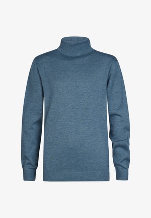 Blauer, langärmeliger Strick-Rollkragenpullover mit gerippten Bündchen, Saum und Kragen, auf weißem Hintergrund dargestellt.