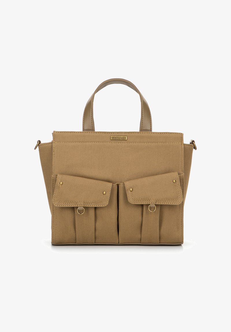 Borsa a mano in tela beige con due tasche frontali, hardware dorato, manici corti e un design strutturato. Tessuto testurizzato con linee pulite.