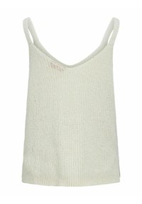 Top de punto verde claro sin mangas con tirantes finos, escote amplio y corte holgado. Presenta un patrón texturizado y un sutil detalle de punto abierto.