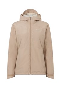 Giacca da pioggia beige chiaro con zip completa, cappuccio regolabile e due tasche laterali. Presenta un tessuto liscio e resistente all'acqua con un branding discreto.