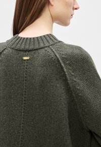 Õlivihreast lõngast kootud kampsun, millel on soonikuga krae, raglaanvarrukad ja kaunistuseks kuldne logovoldik seljal.