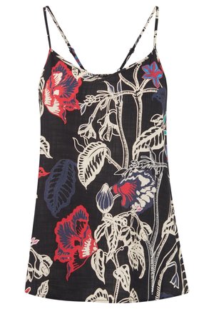 Floral camisole featuring red, blue, and white botanical patterns on a black background. Lightweight fabric with spaghetti straps and a relaxed fit.