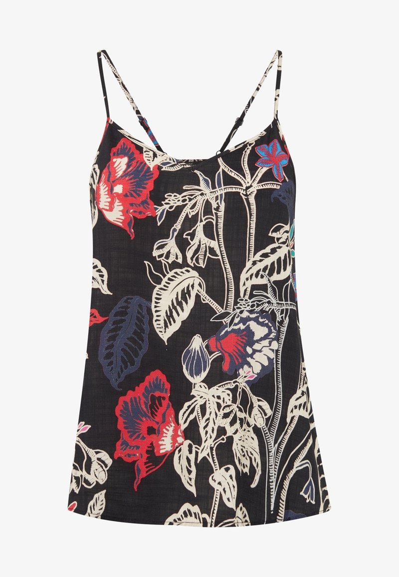 Květinová tílko s červenými, modrými a bílými botanickými vzory na černém pozadí. Lehký materiál se špagetovými ramínky a volným střihem.