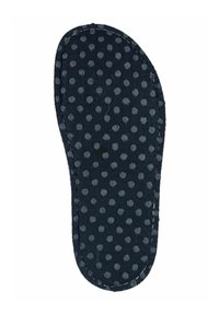 Black fabric insole featuring a pattern of small grey dots, with a smooth texture and slightly contoured shape. Edges stitched for durability.