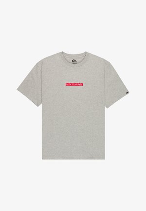 Gray cotton t-shirt featuring short sleeves and a crew neck. Red "QUIKSILVER" logo in a rectangular box on the front. Standard fit.