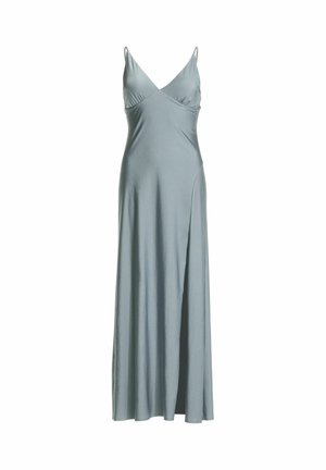 Lichtblauwe, enkelhoge jurk gemaakt van gladde stof. Heeft een V-hals, dunne bandjes en een asymmetrische zoom.