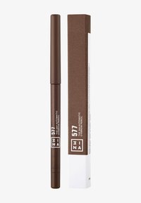 Brun ögonbrynspenna i ett utdragbart format, tillsammans med en matchande rektangulär kartongförpackning med vit text och logotyp.