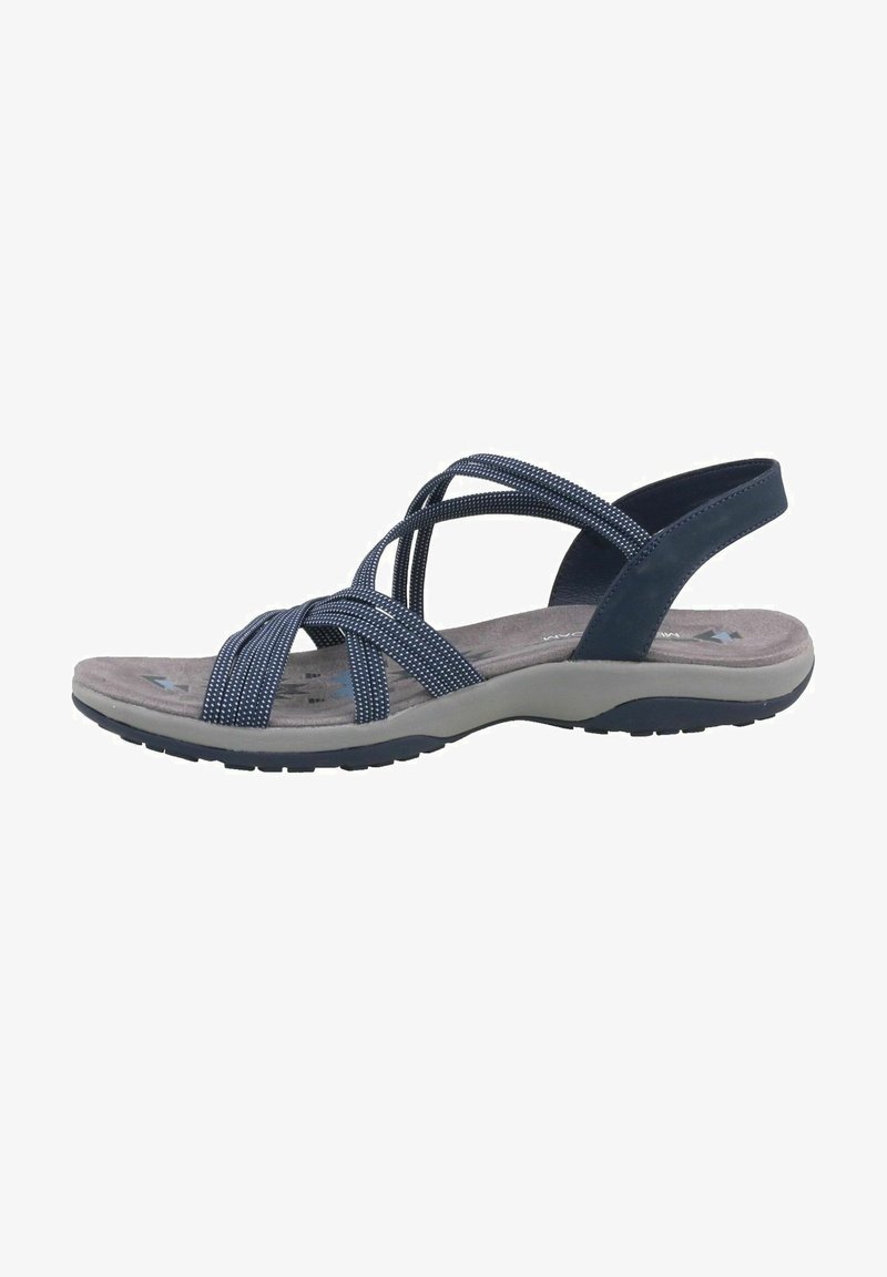 Sandalo della Marina con fasce incrociate realizzate in tessuto testurizzato. Presenta una soletta imbottita e una suola esterna in gomma flessibile. Cuciture di accento visibili.