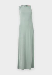 Robe maxi sans manches en vert clair, avec un col rond, des fentes sur les côtés et une fermeture éclair dans le dos. Texture de tissu lisse.