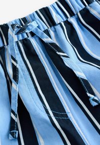 Blauw en zwart gestreepte stof met een elastische tailleband en trekkoord. Bevat horizontale en verticale lijnen met een gladde textuur.