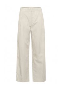 Pantalon beige à jambes larges avec fines rayures verticales, en tissu lisse. Il présente une taille haute et des lignes épurées et ajustées.