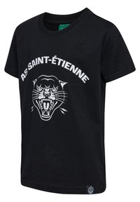 Svart bomullströja med en vit grafisk bild av en vrålande panter med texten "ASS SAINT-ÉTIENNE" ovanför. Korta ärmar och rundad hals.