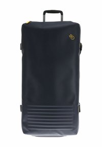 Sac de voyage à roulettes bleu marine avec des accents texturés, logo central et une solide poignée rétractable. Fabriqué en matériau imperméable et durable.
