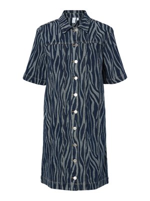 Denim dress with short sleeves, zebra stripe pattern in dark blue and gray, front button closure, pointed collar, knee-length design.