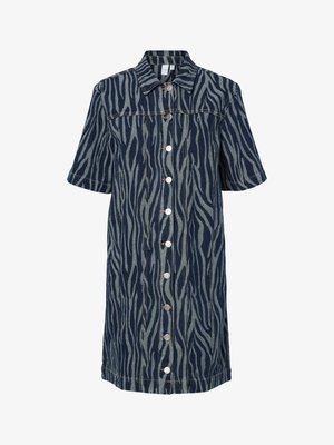 Denim dress with short sleeves, zebra stripe pattern in dark blue and gray, front button closure, pointed collar, knee-length design.