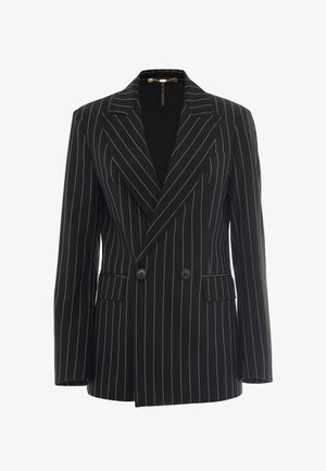 Blazer nero a righe sottili con design doppiopetto, ampi revers, due tasche frontali e chiusura a bottoni. Tessuto con una texture liscia.