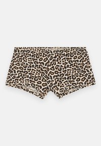 Leopardmønstrede shorts med et beige og sort mønster, lavet af blødt stof med en sømløs talje og kort benlængde.