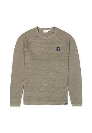 Sudadera de manga larga verde oliva con rayas texturizadas, escote redondo y un pequeño parche de logo azul en el lado izquierdo del frente.