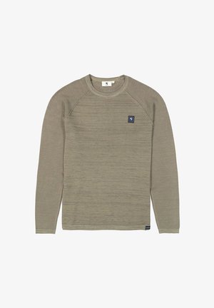 Olive green long-sleeve sweatshirt with textured stripes, round neckline, and a small blue logo patch on the front left side.