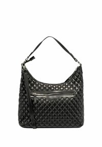 Borsa a tracolla nera trapuntata con una sola tracolla, dotata di una tasca frontale con zip e una finitura in pelle liscia. Accentuata con dettagli in metallo argentato.