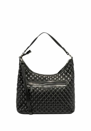Sac à main noir matelassé avec une seule sangle d'épaule, doté d'une poche zippée à l'avant et d'une texture en cuir lisse. Accentué de quincaillerie en argent.