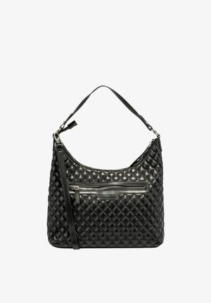 Schwarze gesteppte Handtasche mit einem einzelnen Schultergurt, ausgestattet mit einer vorderen Reißverschlusstasche und einer glatten Ledertextur. Mit silberfarbenen Beschlägen akzentuiert.