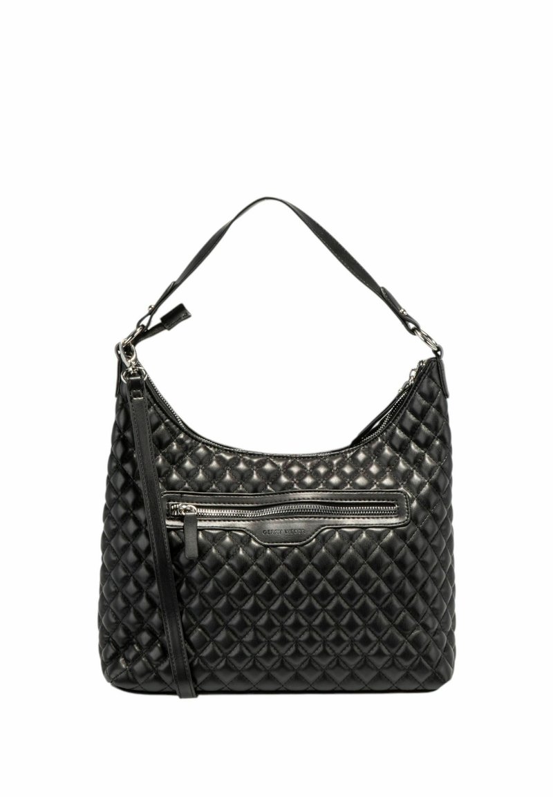 Borsa a tracolla nera trapuntata con una sola tracolla, dotata di una tasca frontale con zip e una finitura in pelle liscia. Accentuata con dettagli in metallo argentato.