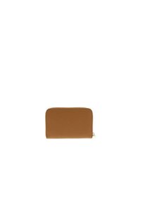 Portefeuille en cuir marron avec une texture lisse, de forme rectangulaire, et un accent de fermeture éclair dorée. Design simple et fonctionnel adapté à un usage quotidien.