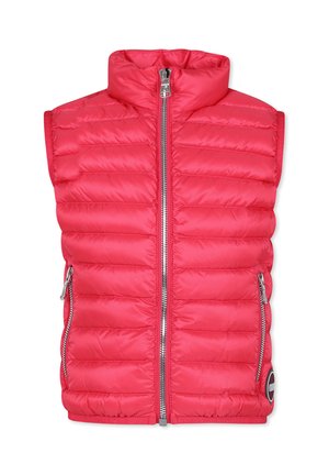 Gilet puffo rosa con colletto alto, design a rombi verticali, chiusura frontale con zip e due tasche laterali con zip.