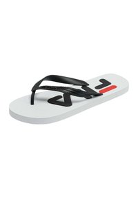 Sort og hvid flip-flop med teksturerede sorte stropper, en flad hvid sål og et sort logo med en rød accent på indersålen.