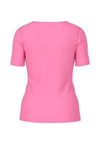 Short-sleeve pink top with a round neckline, featuring rolled cuffs. Smooth texture, fitted shape, and no visible patterns or accents.