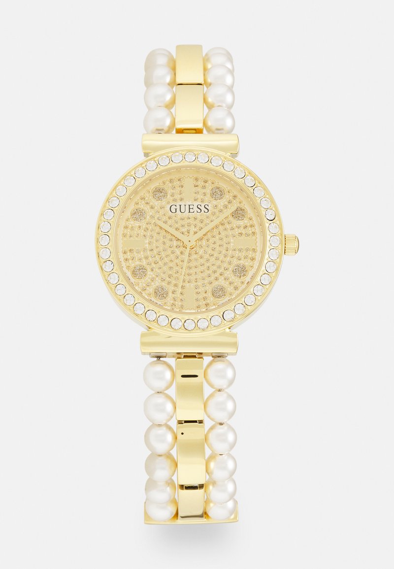 Gold watch with a round face, adorned with crystals. Features a pearl-accented bracelet and a textured gold dial with numerical hour markers.