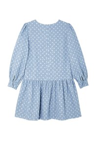 Robe bleu clair avec manches longues bouffantes, petit motif floral blanc, jupe froncée et fermeture éclair au dos.