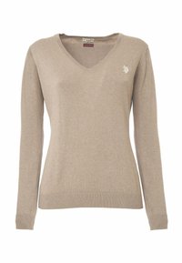 Maglione beige a maniche lunghe con scollatura a V realizzato in tessuto morbido. Presenta polsini e orlo a costine. Include un piccolo design ricamato sul petto sinistro.