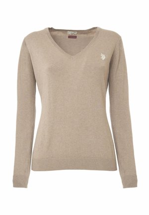 Maglione beige a maniche lunghe con scollatura a V realizzato in tessuto morbido. Presenta polsini e orlo a costine. Include un piccolo design ricamato sul petto sinistro.