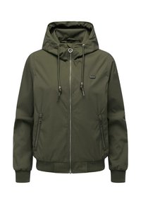 Olivengrøn hættetrøjejakke med frontlynlås, justerbare snore, lynlåslommer på siden og ribstrikkede ærmeafslutninger og kant.