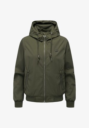 Olivgrüne Kapuzenjacke mit Frontreißverschluss, verstellbaren Kordeln, seitlichen Reißverschlusstaschen sowie gerippten Bündchen und Saum.