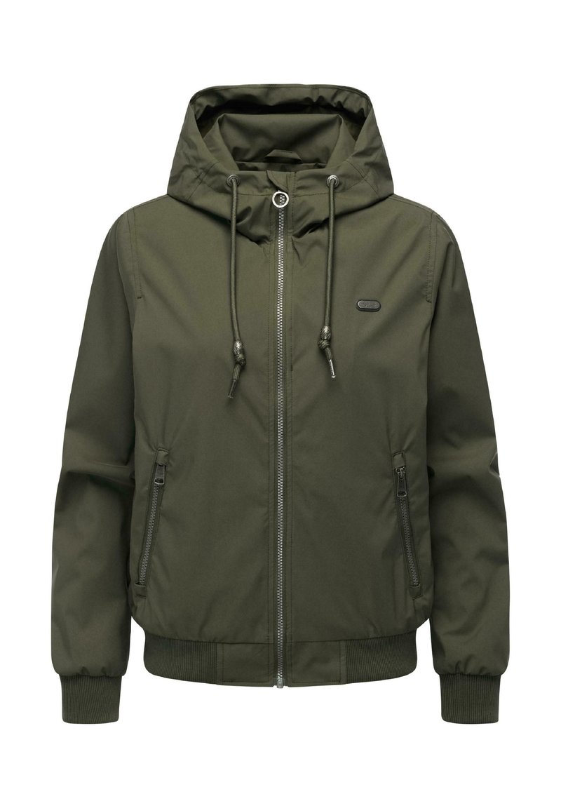 Olivengrøn hættetrøjejakke med frontlynlås, justerbare snore, lynlåslommer på siden og ribstrikkede ærmeafslutninger og kant.