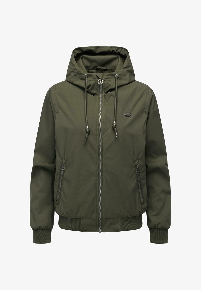 Olivengrøn hættetrøjejakke med frontlynlås, justerbare snore, lynlåslommer på siden og ribstrikkede ærmeafslutninger og kant.