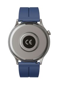 Cassa rotonda in metallo argentato con un accento circolare nero. Presenta un cinturino in silicone blu a due segmenti, design semplice e un pulsante laterale.