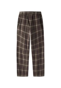 Pantalones de cuadros en marrón oscuro y beige con cintura elástica. Hechos de un tejido ligero, presentan un corte holgado y piernas rectas.