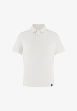 Weißes Poloshirt mit kurzen Ärmeln, Zwei-Knopf-Leiste und kleinem schwarzem Logoschild am Saum.