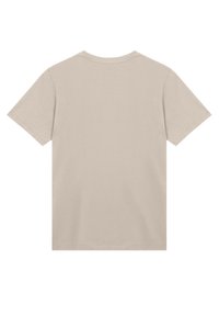 Beige short-sleeve t-shirt with a crew neckline. Smooth fabric with a subtle texture. No visible graphics or prints. Simple design.