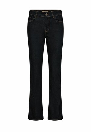 Granatowe dzwony z denimu o gładkiej teksturze, w stylu z pięcioma kieszeniami i kontrastującym przeszyciem. Posiadają zapięcie na guziki z przodu.