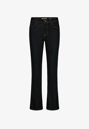 Granatowe dzwony z denimu o gładkiej teksturze, w stylu z pięcioma kieszeniami i kontrastującym przeszyciem. Posiadają zapięcie na guziki z przodu.